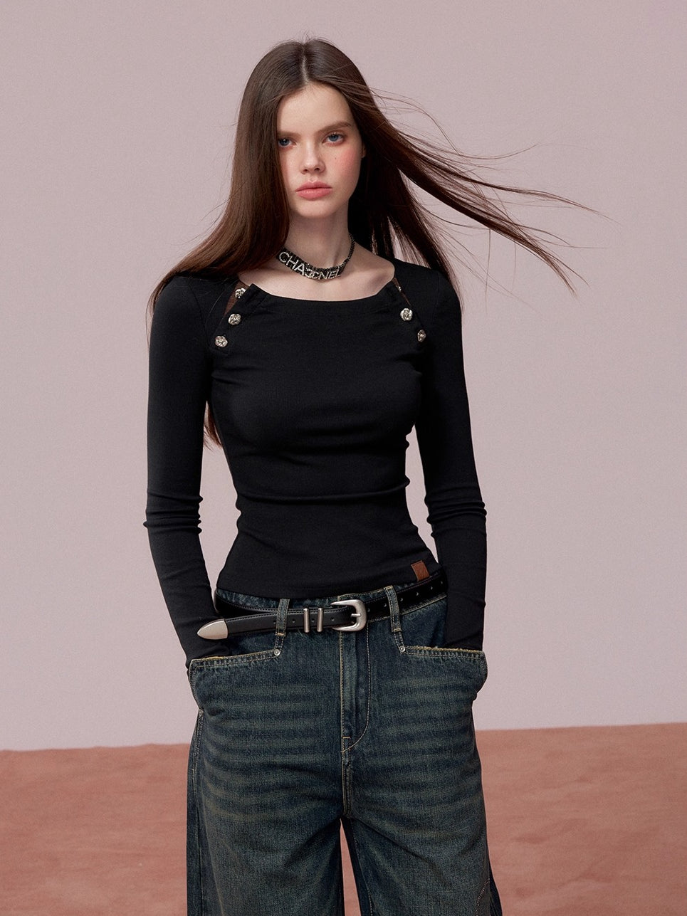 Embellished Fitted Long-Sleeve T-Shirt