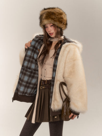 Reversible Plaid Faux Fur Coat