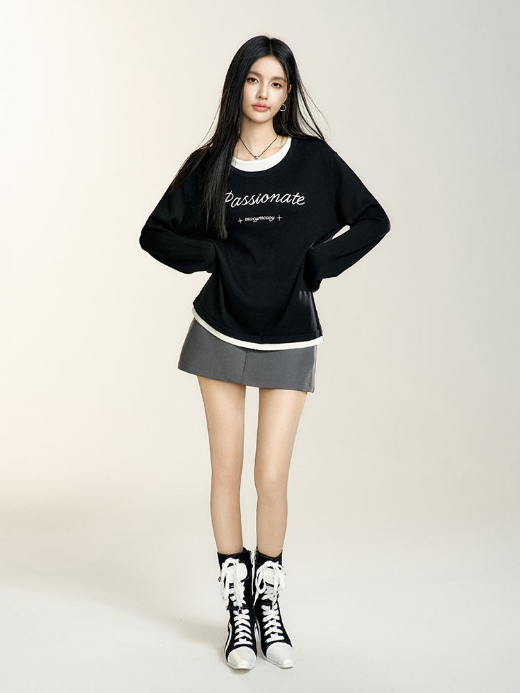 Black Crewneck Letter Embroidered Sweater