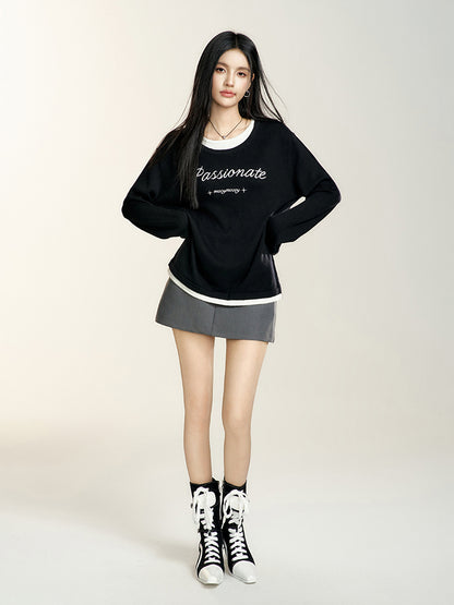 Black Crewneck Letter Embroidered Sweater