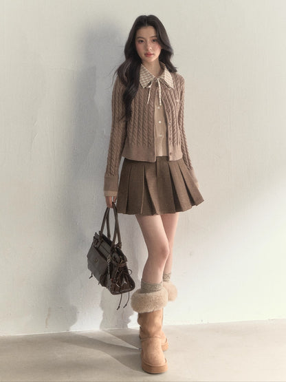 “Hazelnut Latte” Detachable Collar Retro Knit Cardigan