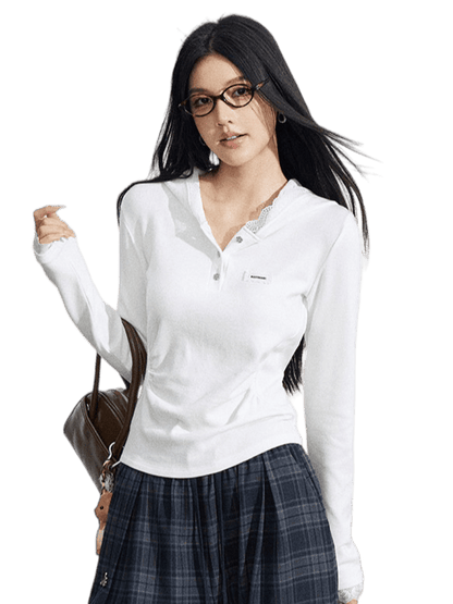 Lace Hooded Slim-Fit Long Sleeve T-Shirt