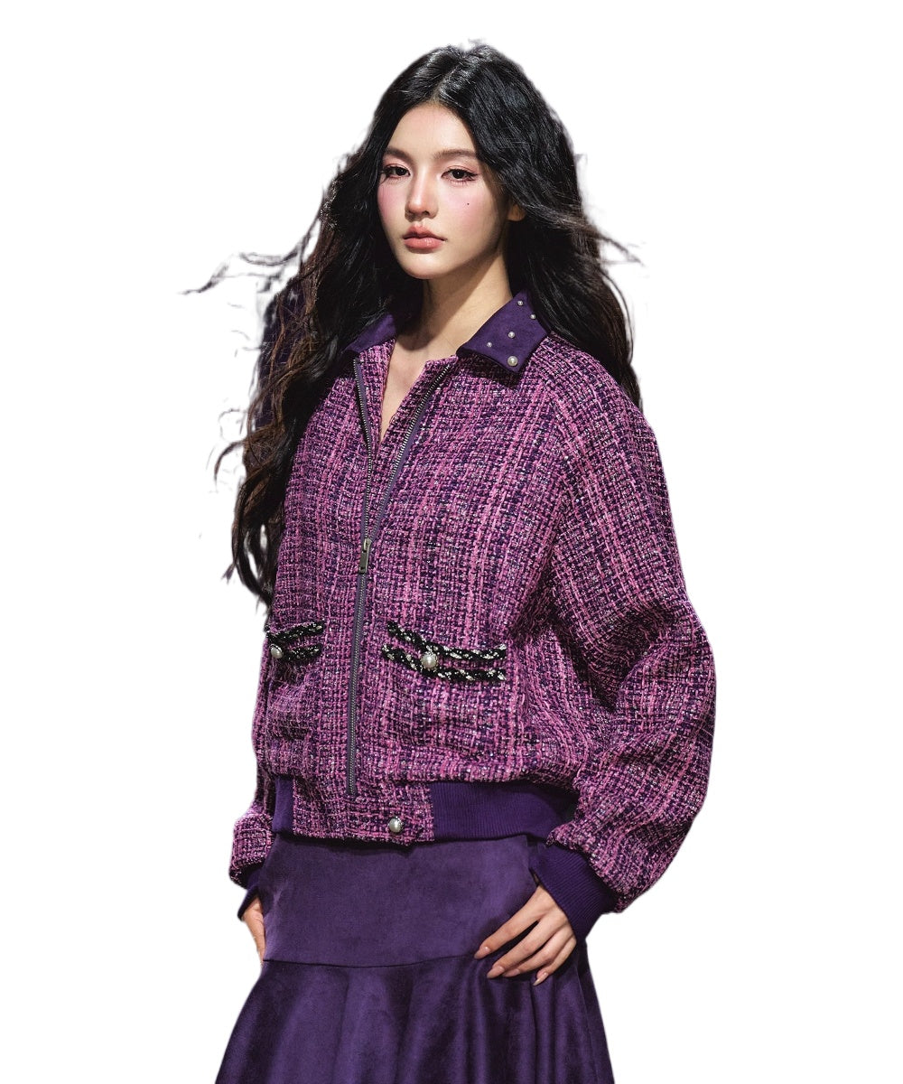 Suede Patchwork Tweed Jacket &amp; Asymmetric A-Line Skirt Set