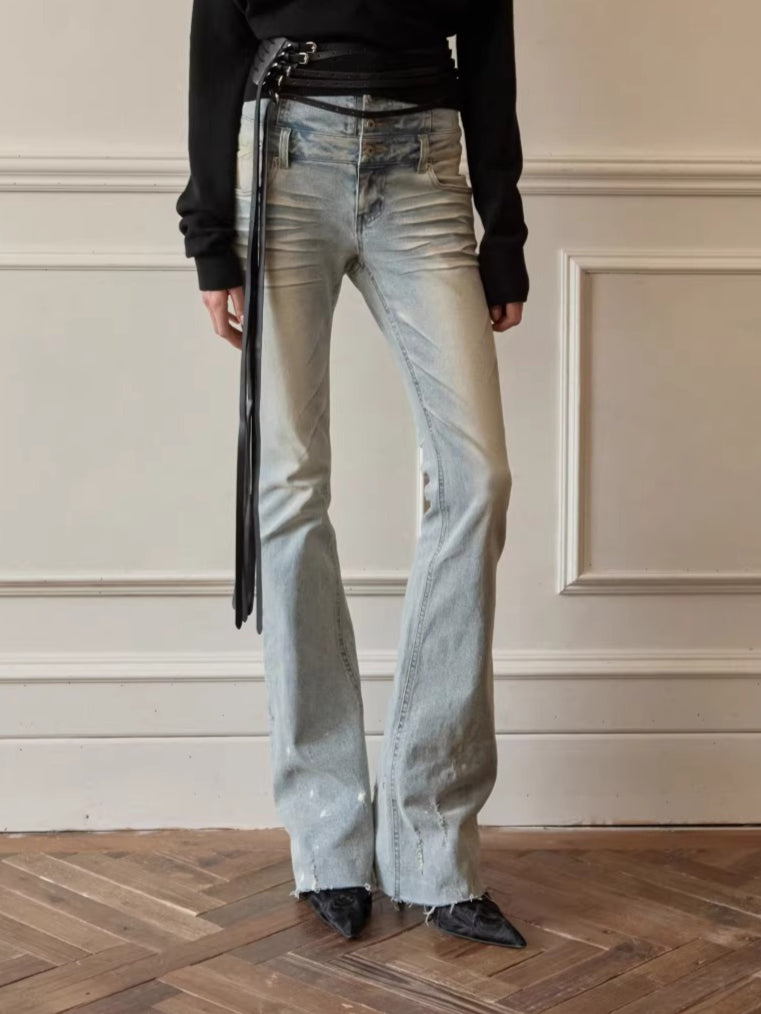 High-Waist Belted Slight-Flare Jeans