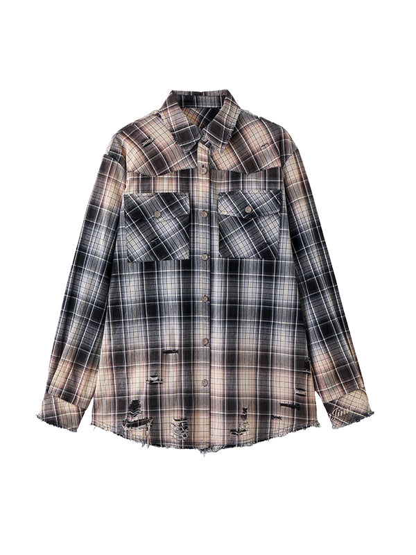 Black &amp; White Distressed Plaid Shirt