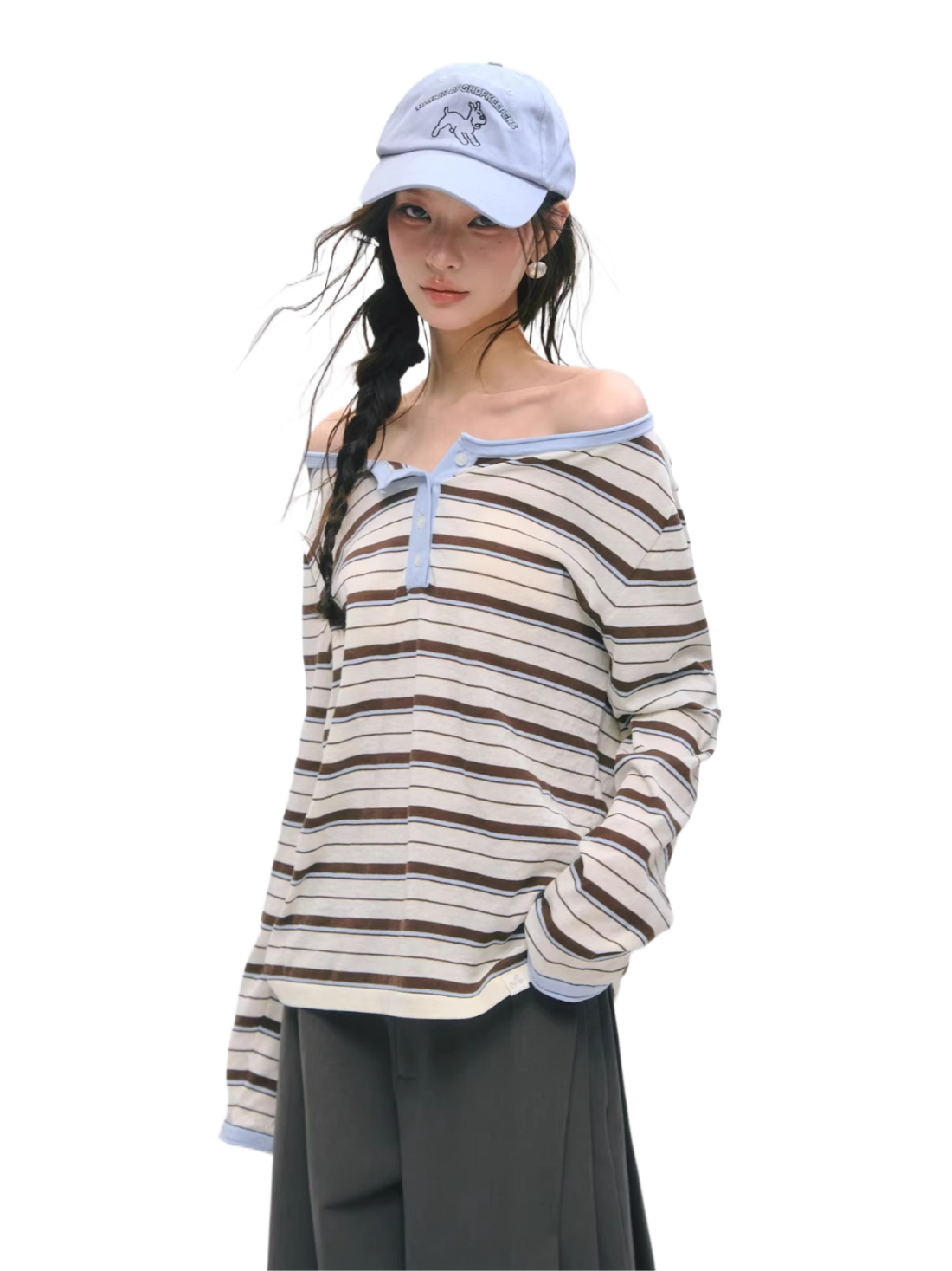 Relaxed Striped Henley Long Sleeve Top