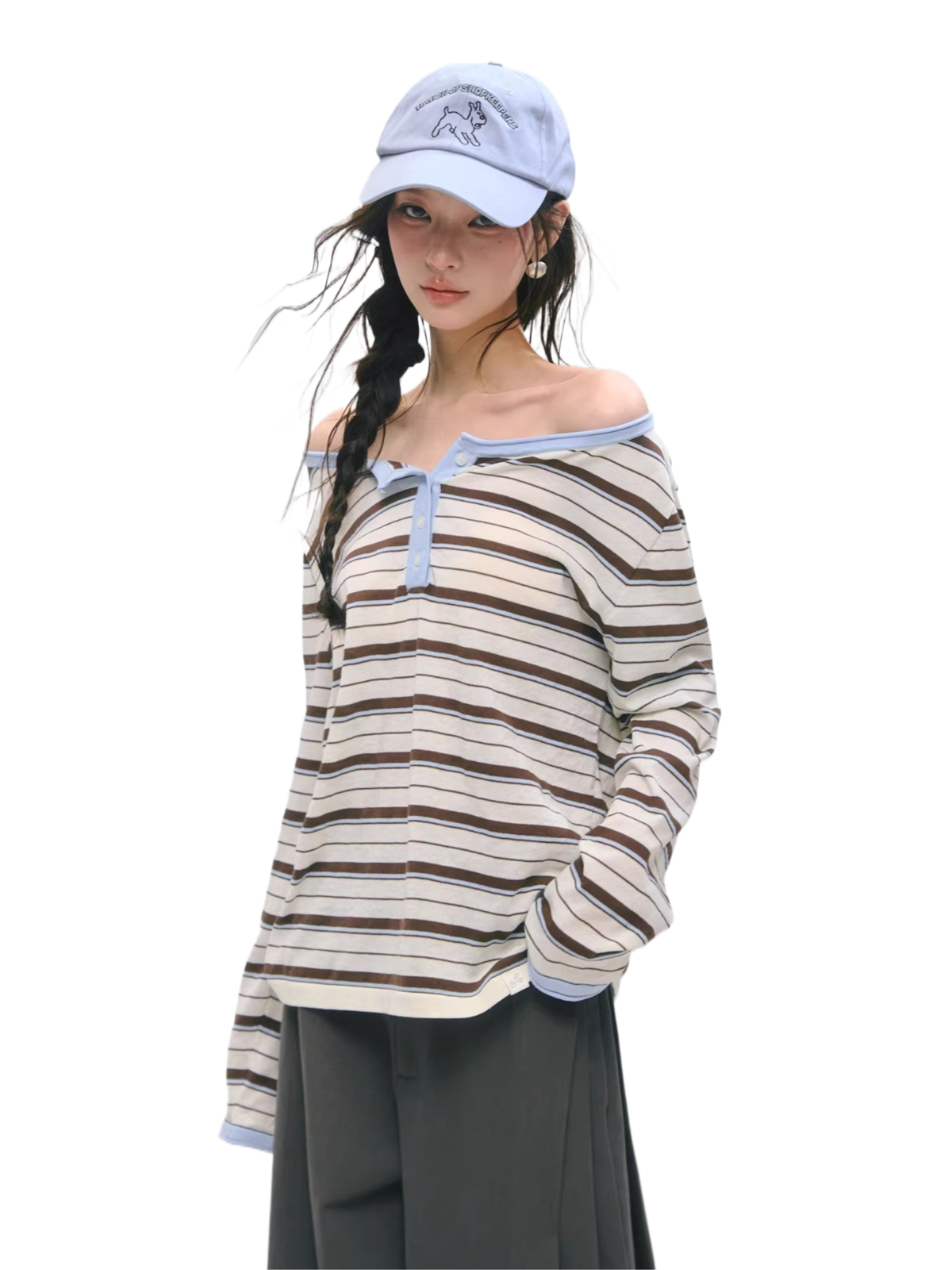 Relaxed Striped Henley Long Sleeve Top