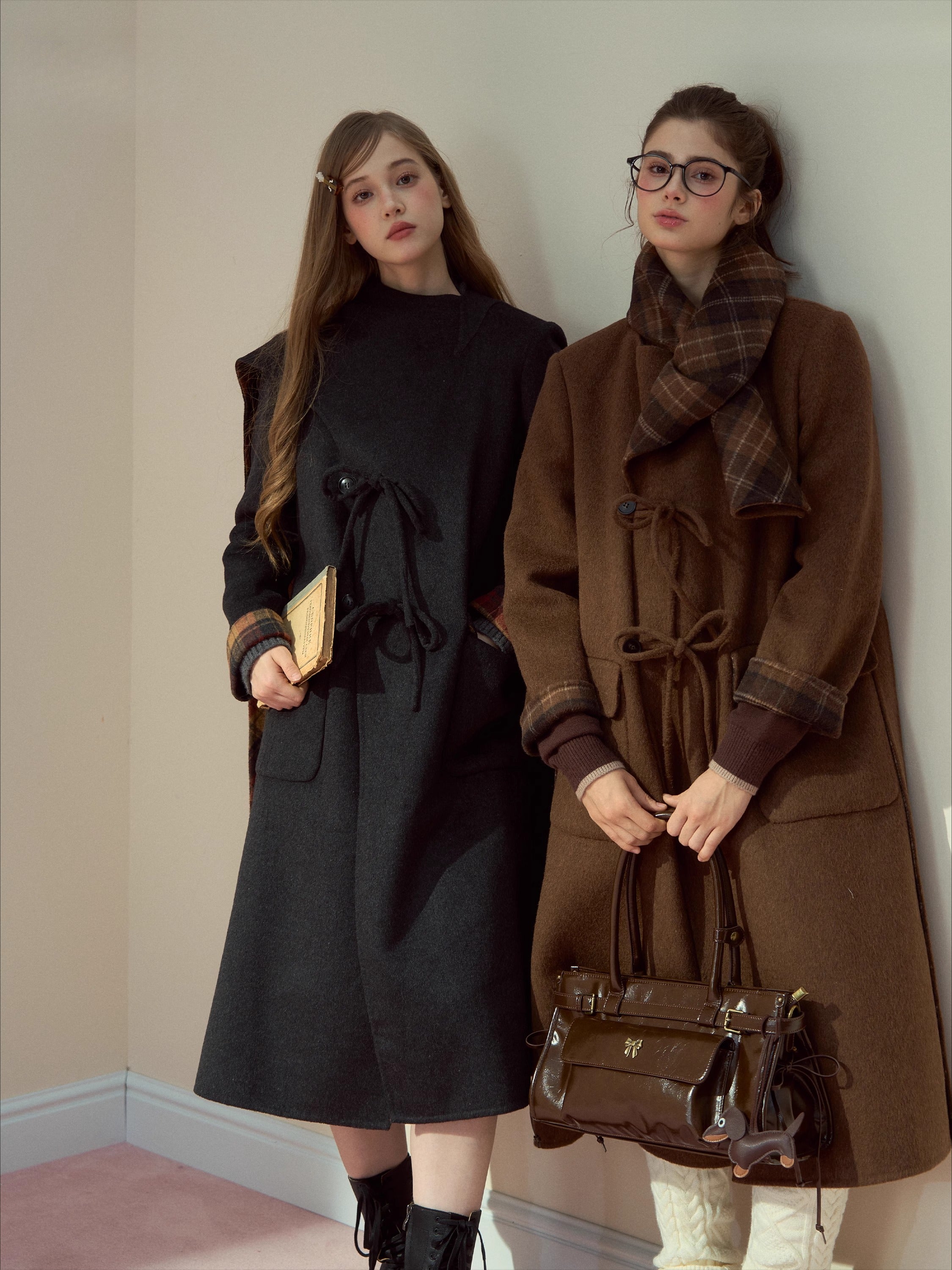 Check Wool-Blend Coat with Scarf