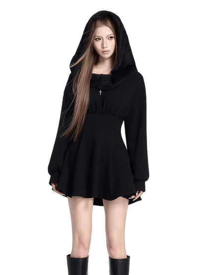 Hooded Fleece Waist-Cinching Sweatshirt Dress