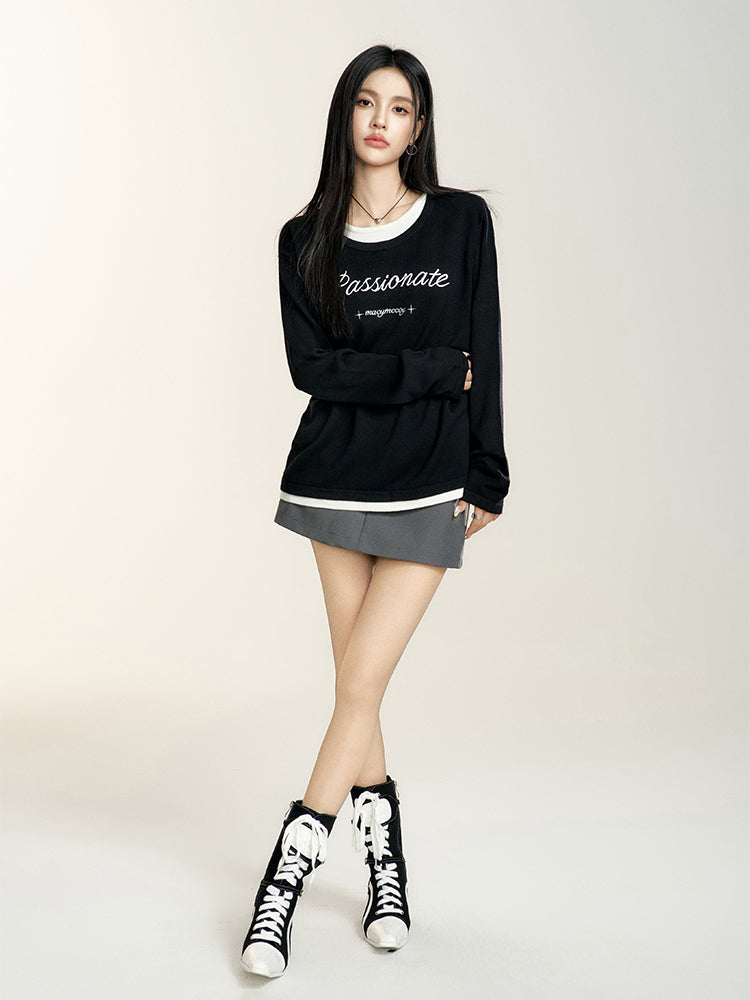 Black Crewneck Letter Embroidered Sweater