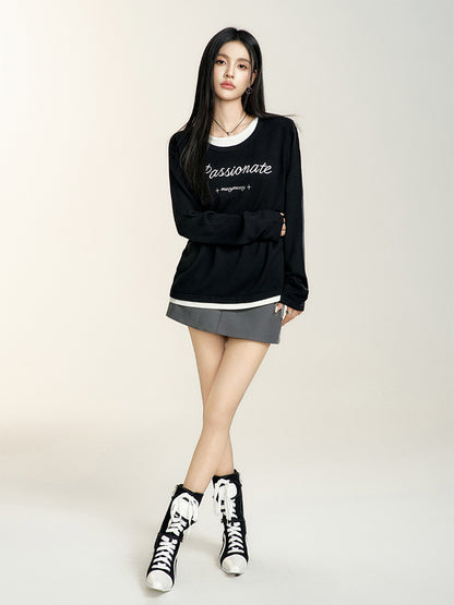 Black Crewneck Letter Embroidered Sweater