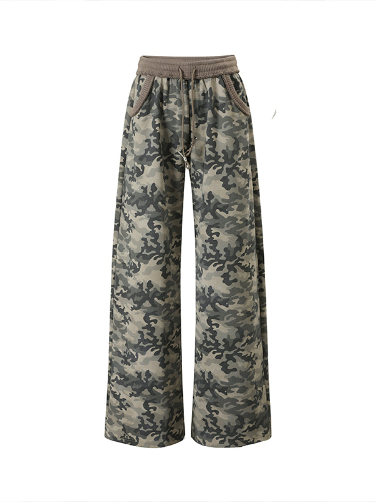 Camouflage Embroidered Loose Fit Wide Leg Pants