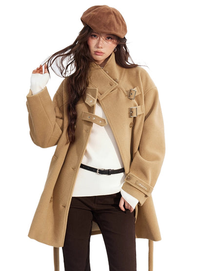 Double-Breasted Wool Blend Stand-Collar Coat
