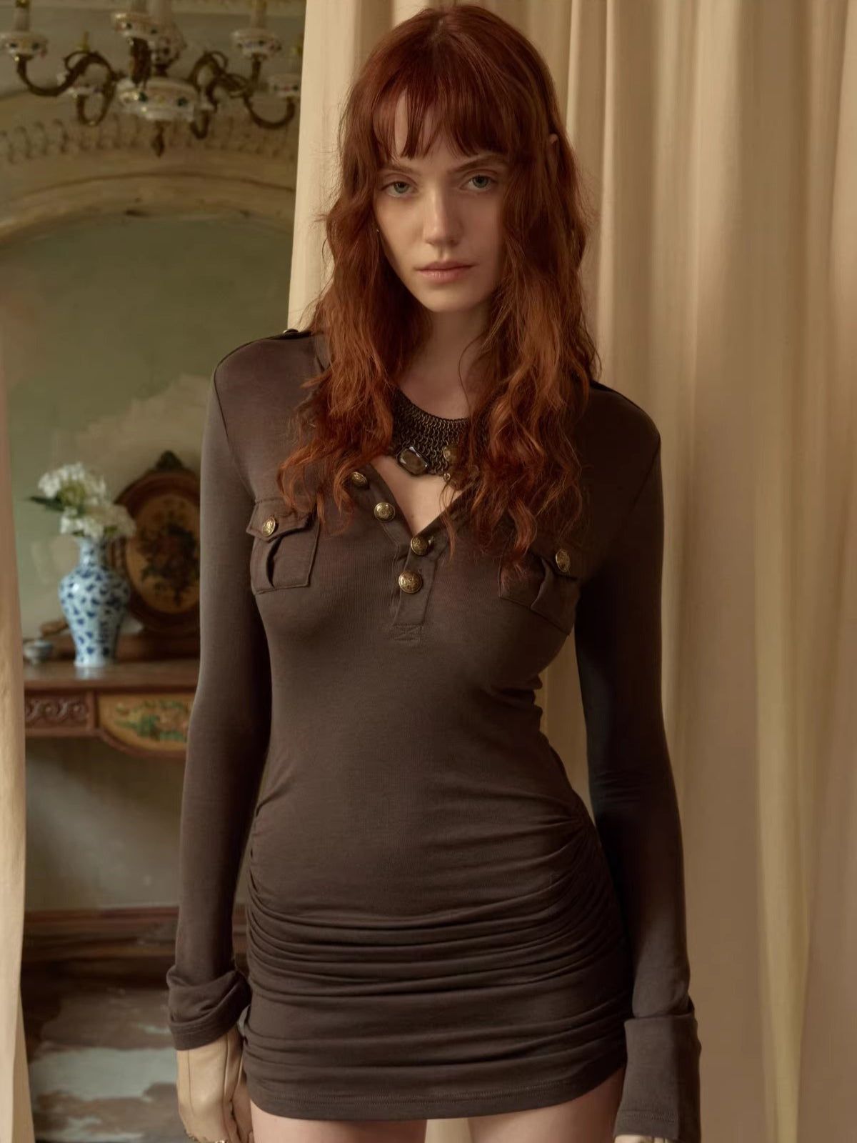 Drawstring Knit Bodycon Midi Dress