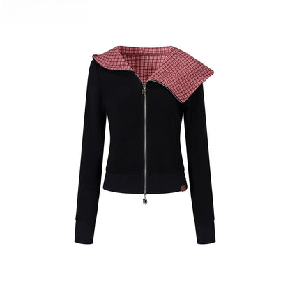 Asymmetric Contrast Collar Zip-up Hoodie