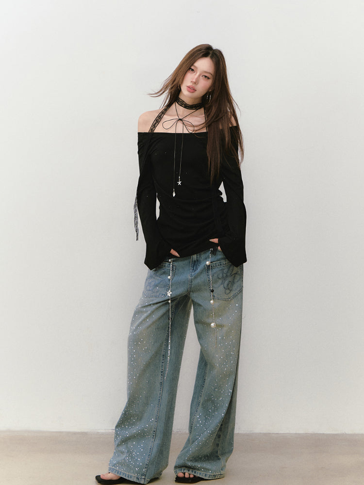 Off-Shoulder Backless Beaded Sun-protection T-shirt