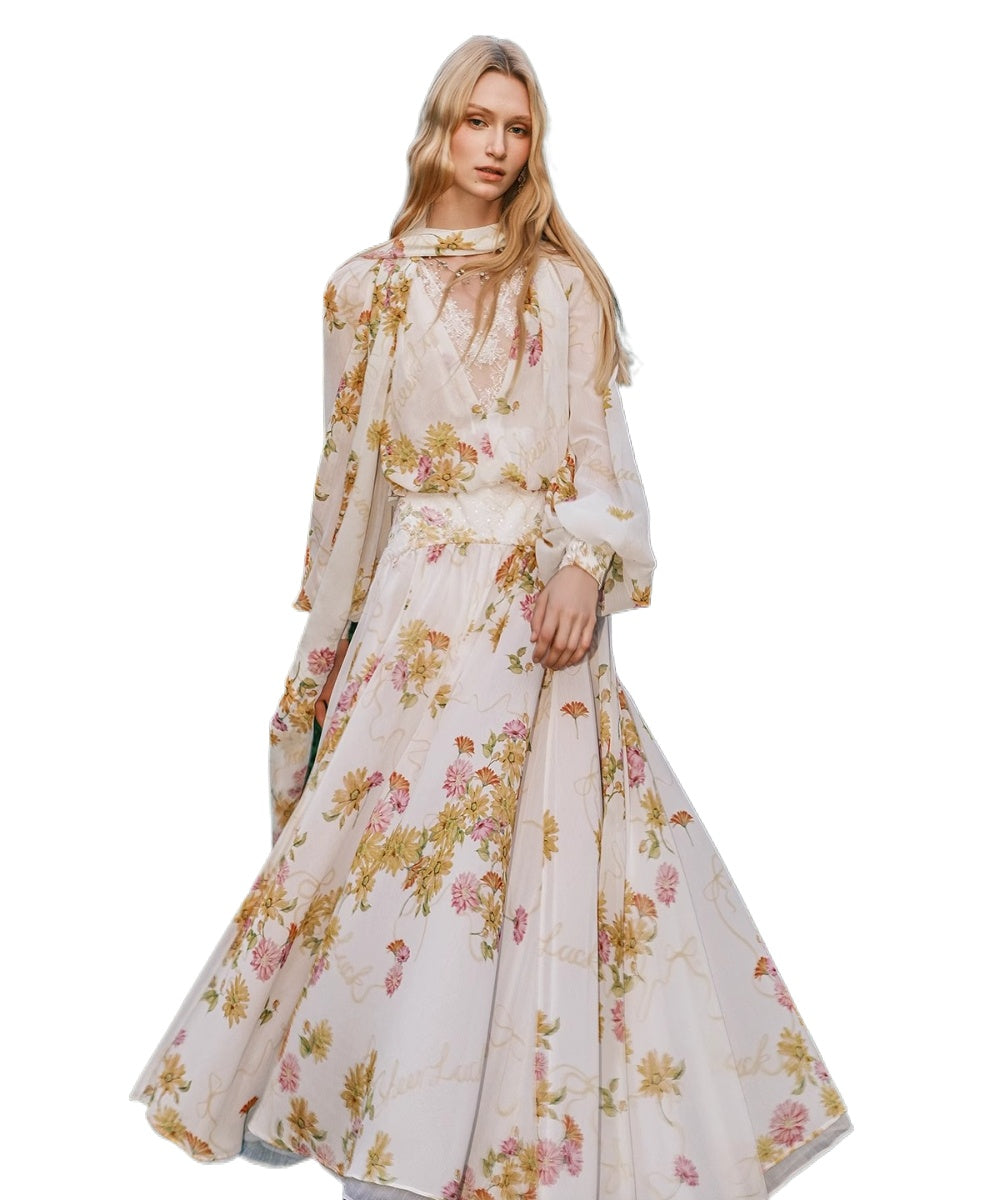 Milena Chiffon Lace Lantern Sleeve Midi Dresse
