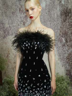 Midnight Feather Embellished Strapless Mini Dress