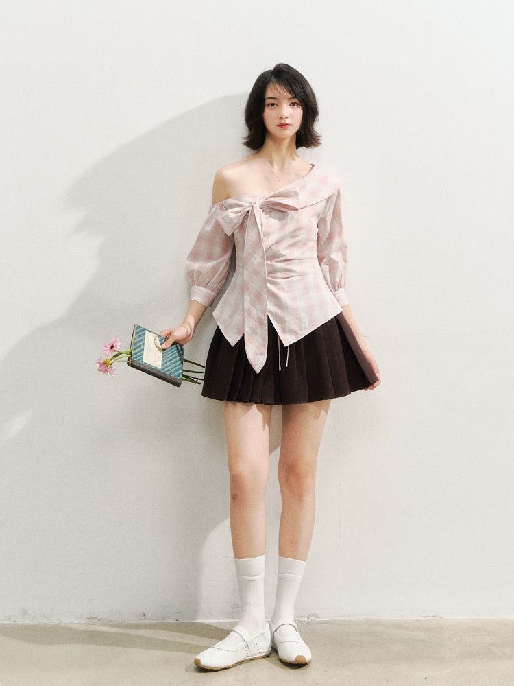 Brown &amp; Navy College Pleated Skirt - CHINASQUAD