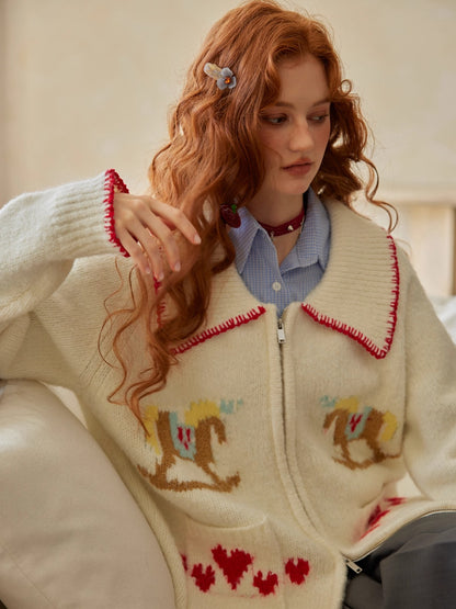 Contrast-Trim Pony Jacquard Zip-Up Knit Cardigan