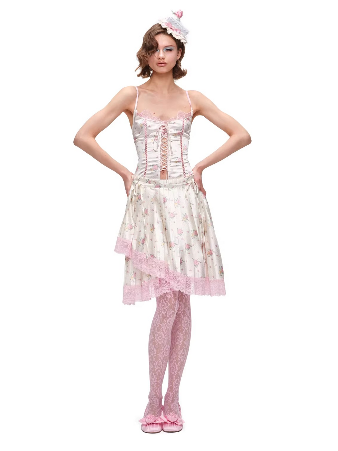 Asymmetric Pleated Satin Lace Midi Skirt