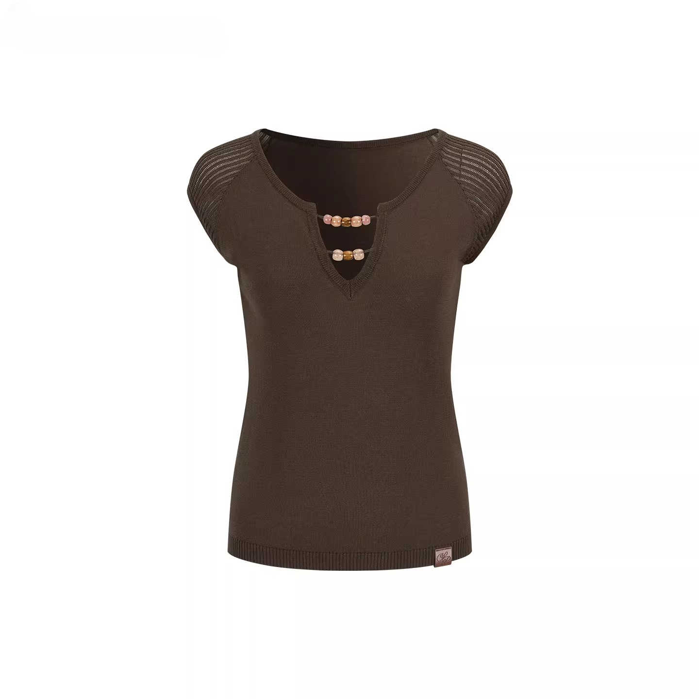 Beaded V-Neck Slim Knit T-Shirt