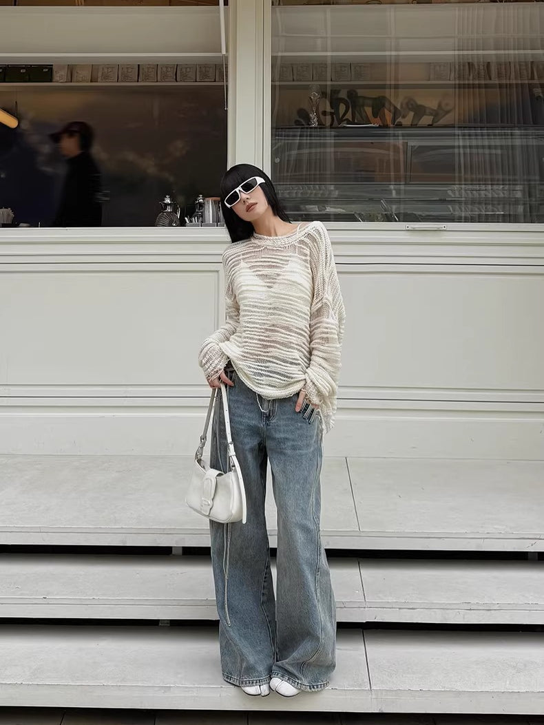 Asymmetric Tie-Detail Loop-Tab Denim Jeans