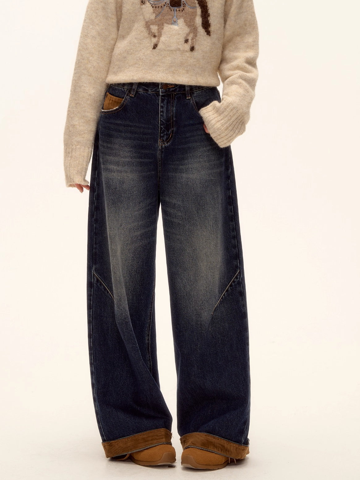 Suede-Panel Washed Denim Wide-Leg Jeans