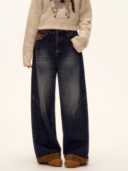 Suede-Panel Washed Denim Wide-Leg Jeans