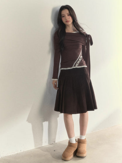 Asymmetric Off-Shoulder Bow-Tie Knit T-Shirt