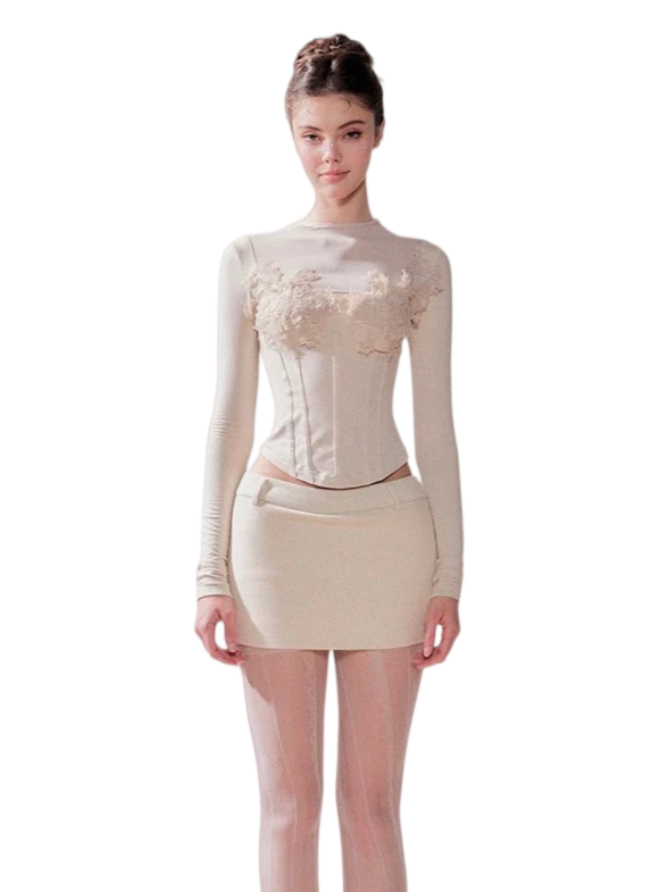 Pine Cream Lace Thermal Knit Top &amp; Skirt Set