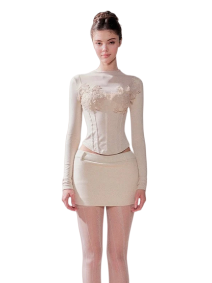 Pine Cream Lace Thermal Knit Top &amp; Skirt Set