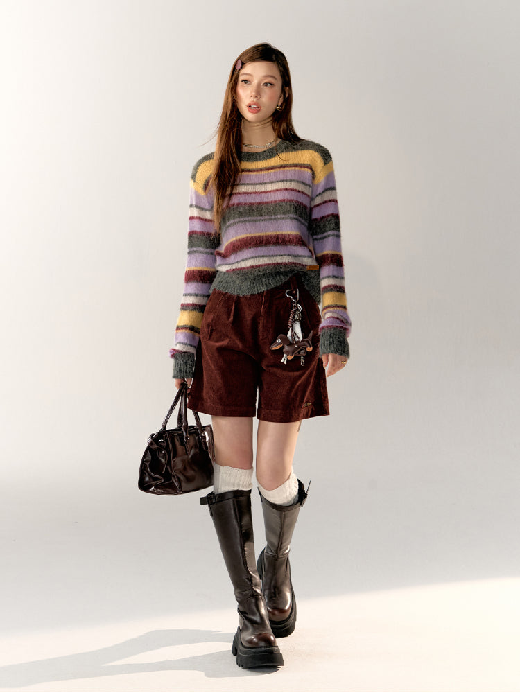 Color-Block Crew Neck Striped Knit Sweater