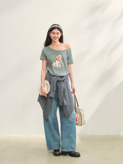 Asymmetric Shoulder Bow Puppy Printed T-Shirt - CHINASQUAD