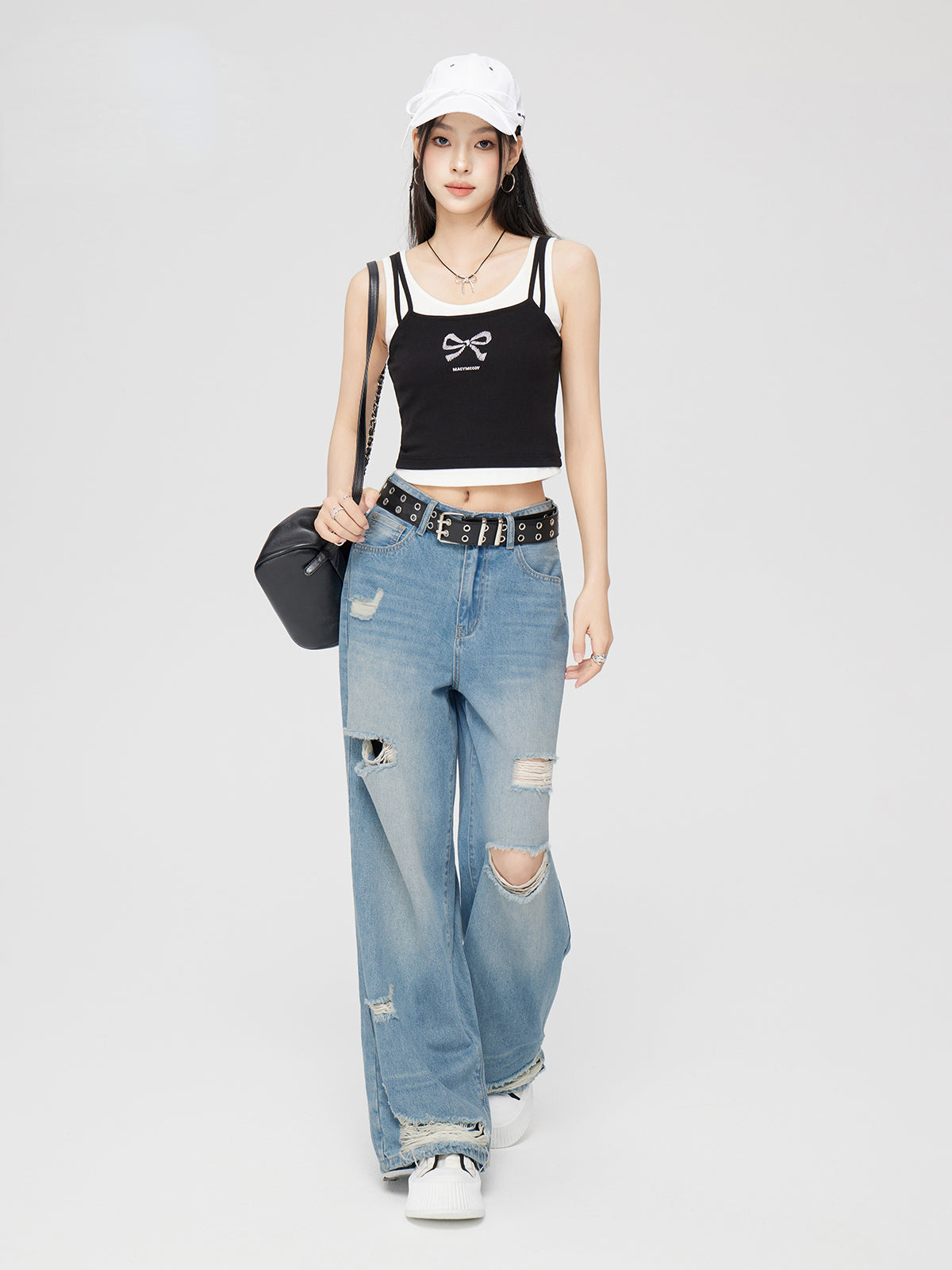 Blue Perforated Jeans Wide-leg Pants - CHINASQUAD