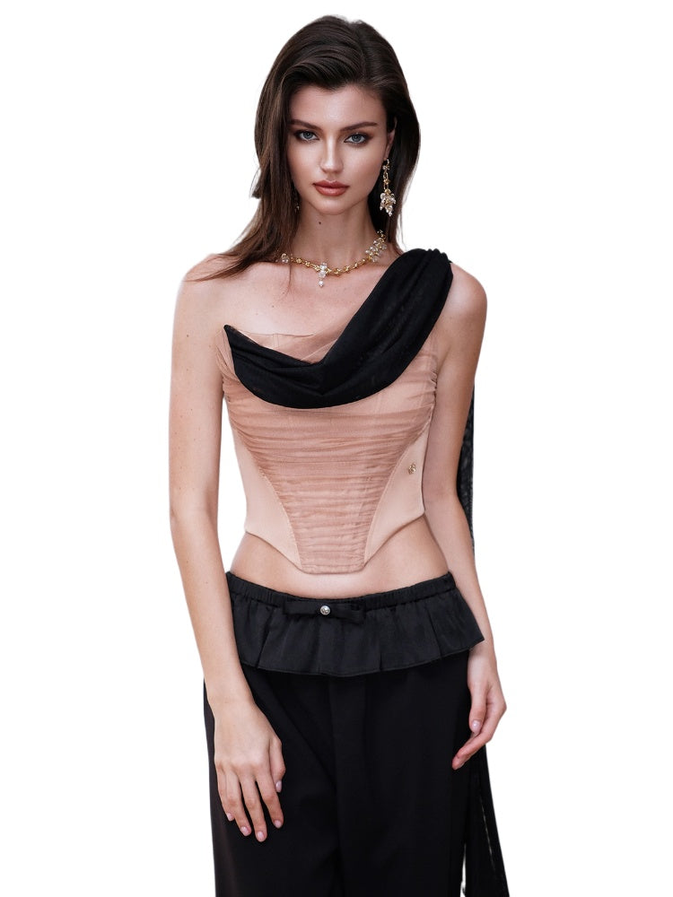 Off-Shoulder Floating Strap Cowl Neck Boned Crop Top