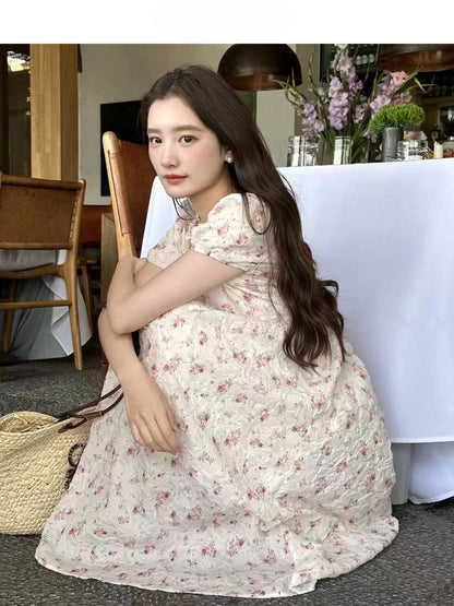 Off-white Square-neck Floral Puff Sleeve Dress