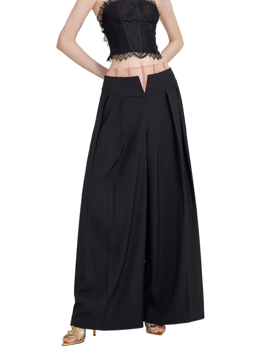 Lace-Trimmed Waist Wide-Leg Trousers