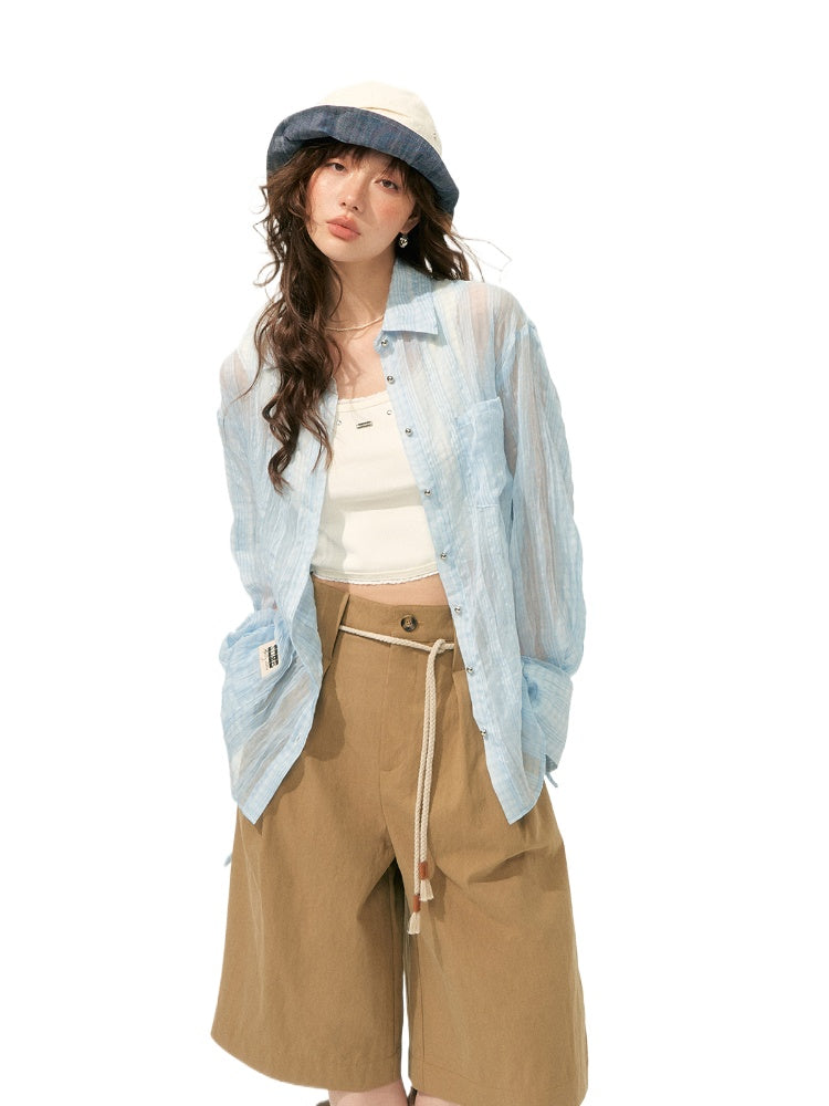 Blue Loose Fit Pleated Sheer Shirt - CHINASQUAD