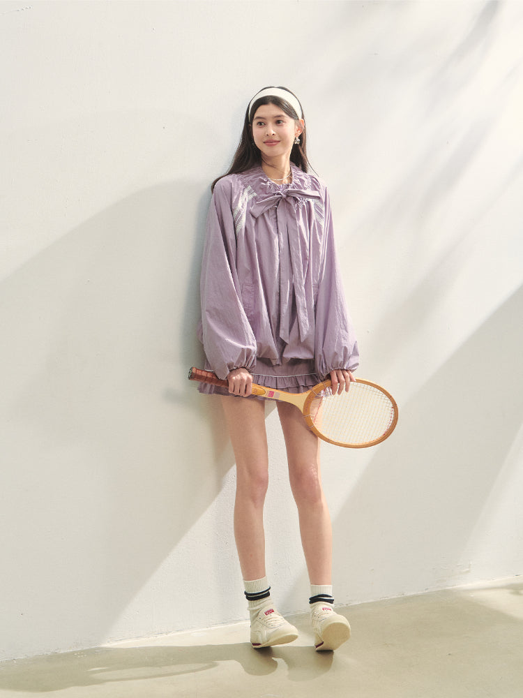 Lace Spliced Raglan Sleeve Sun Protection Shirt &amp; Skirt Set
