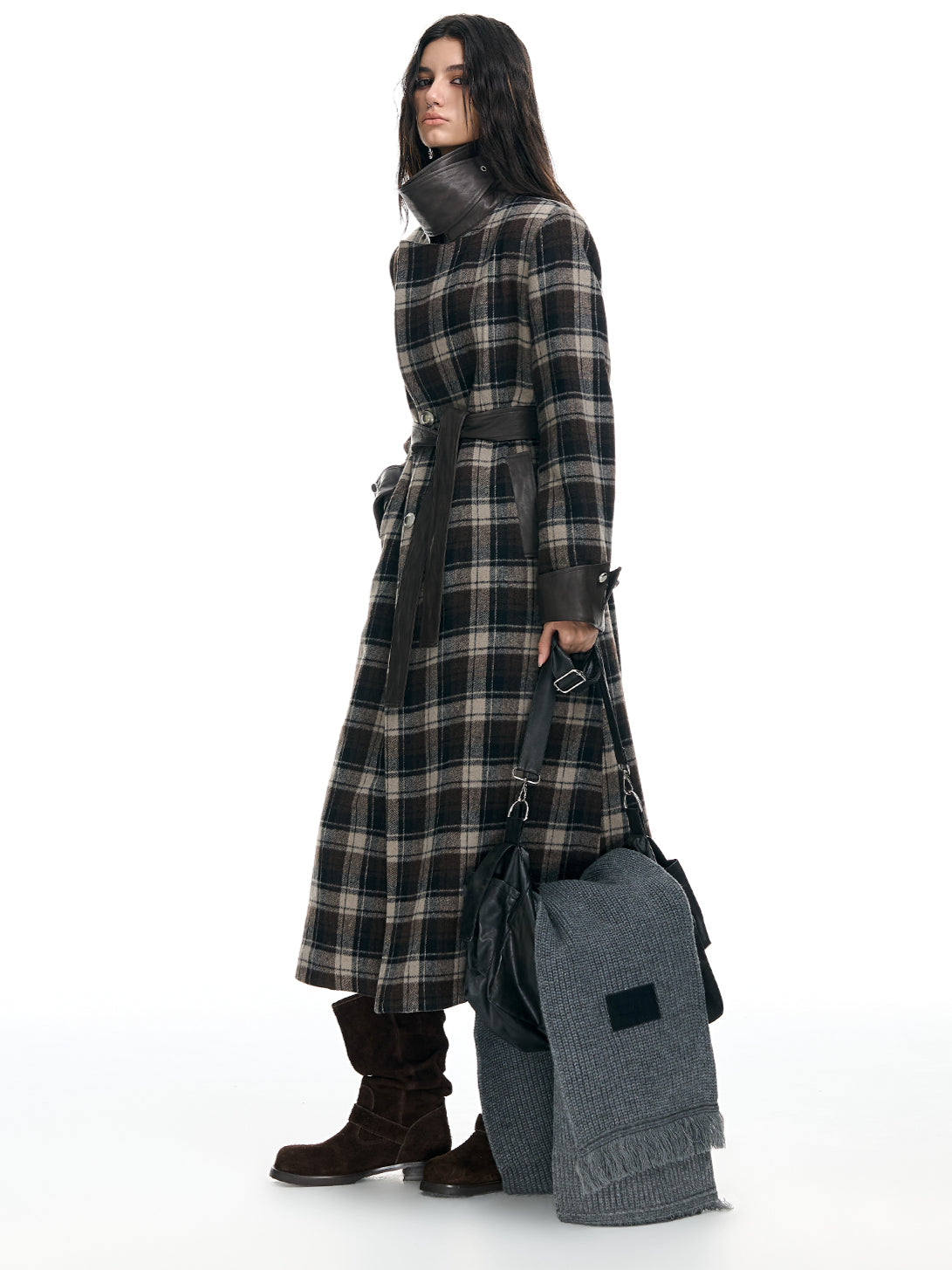 Plaid Patchwork Leather-Trim Quilted Trench Coat