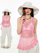 Pink & Camel Crochet Floral Lace Tank Top - CHINASQUAD