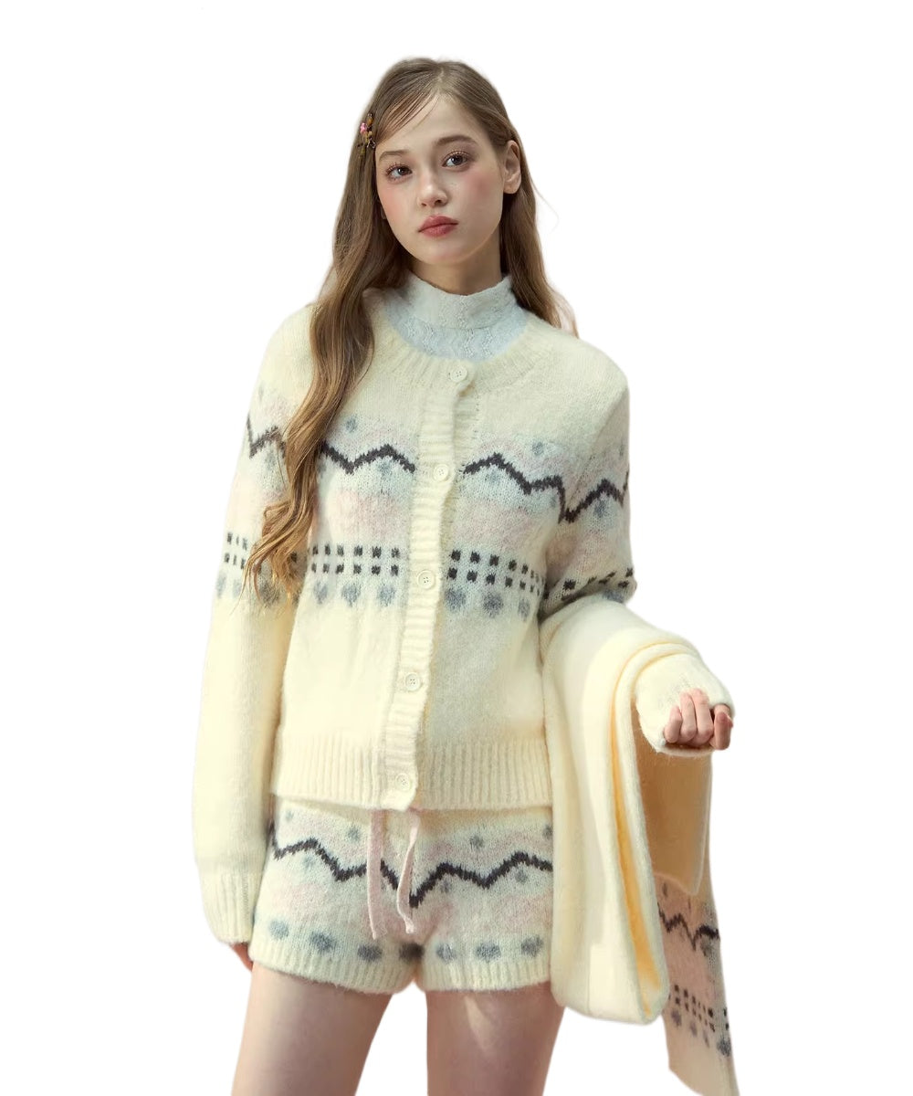 Fair Isle Knit Cardigan &amp; Shorts &amp; Scarf