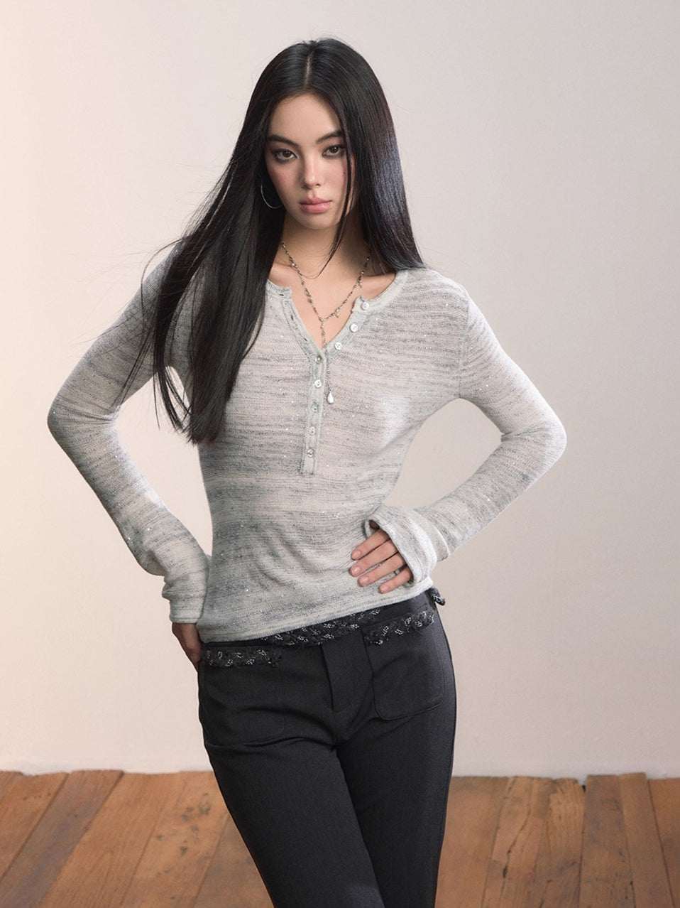 Sequin-Kissed Mélange Henley Knitwear