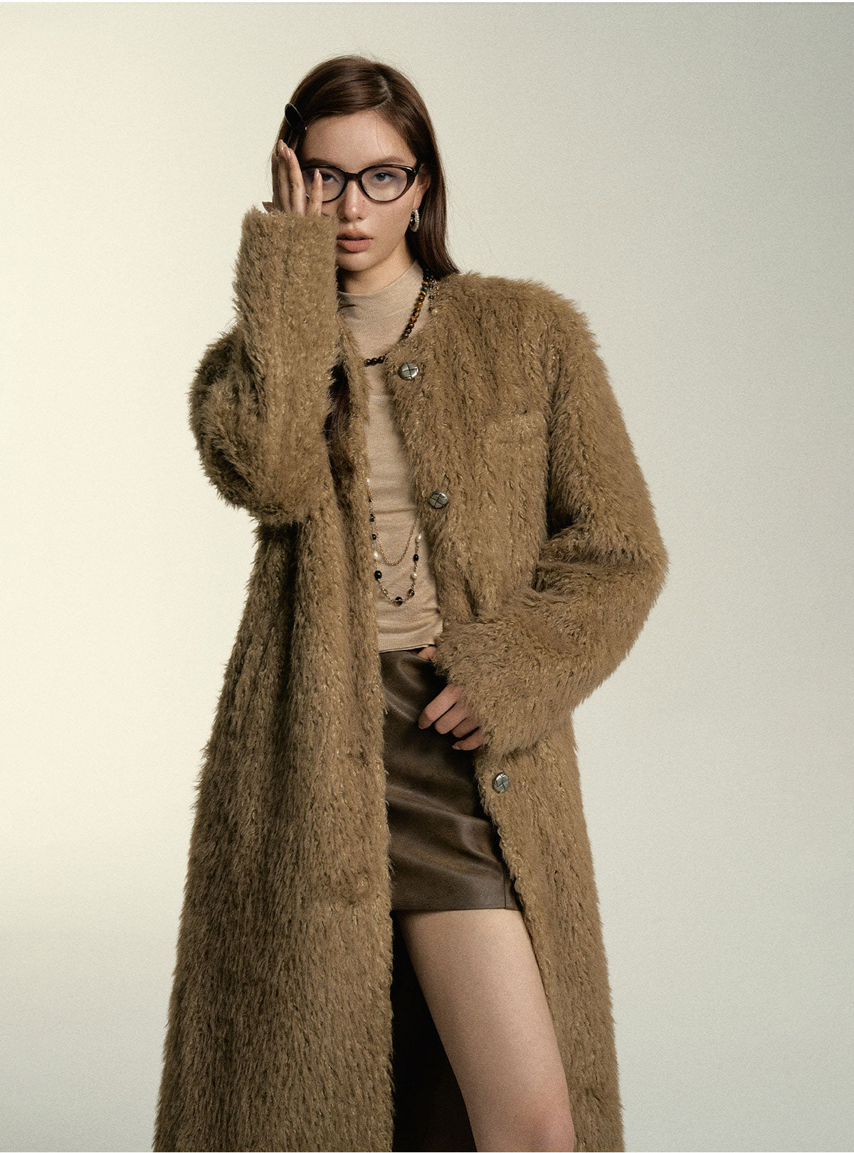 Khaki &amp; Milk White Long Suede Fur Coat - CHINASQUAD