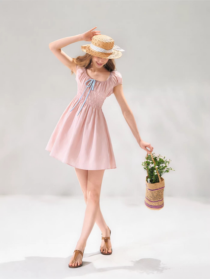 French Floral Tie-Waist Square Neck Puff Sleeve Dress