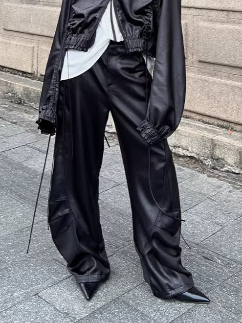 Draped Satin Pleated Wide-Leg Trousers