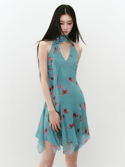Blue Halter Printed Dress