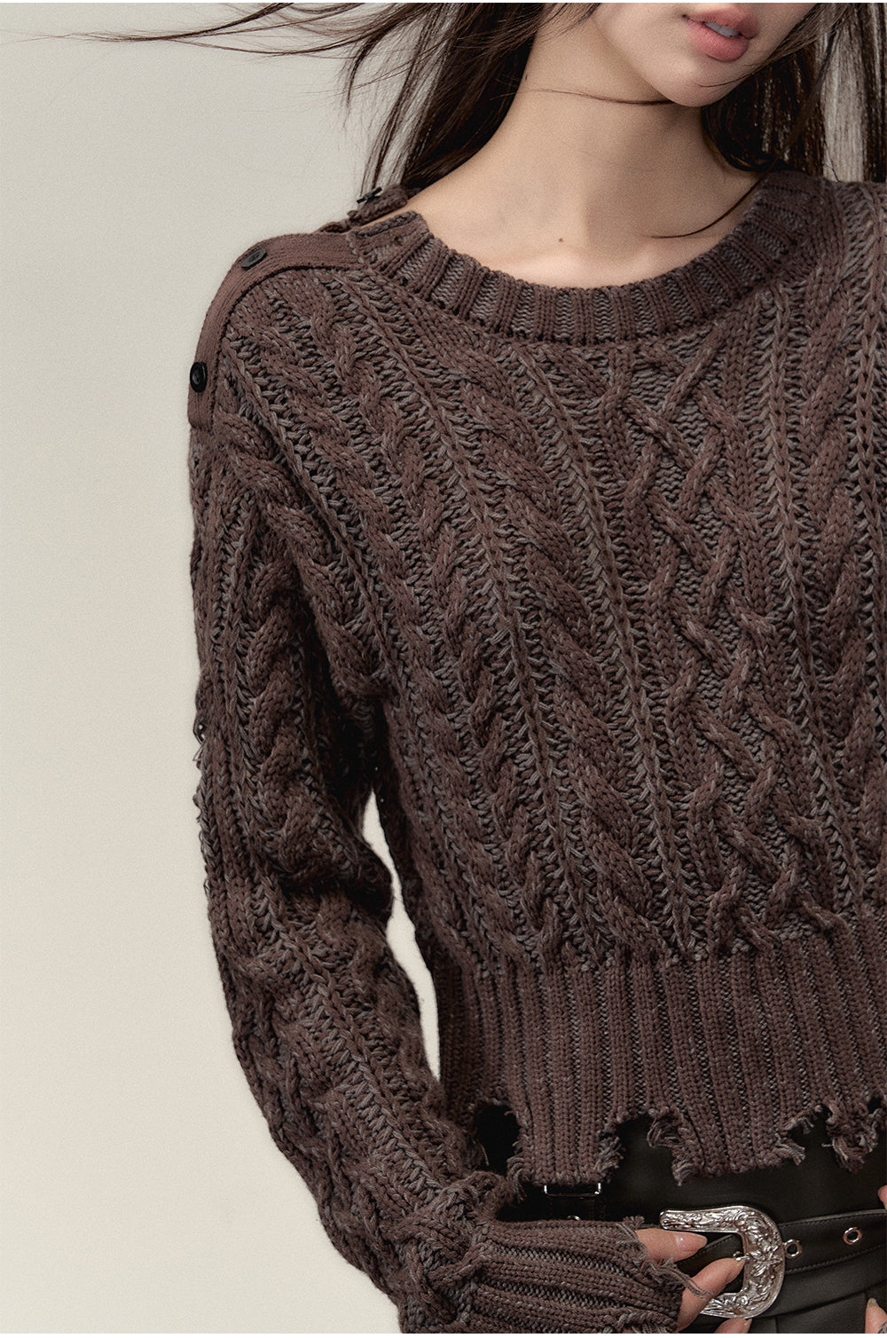 Grey &amp; Brown Round-neck Distressed Vintage Sweater - CHINASQUAD