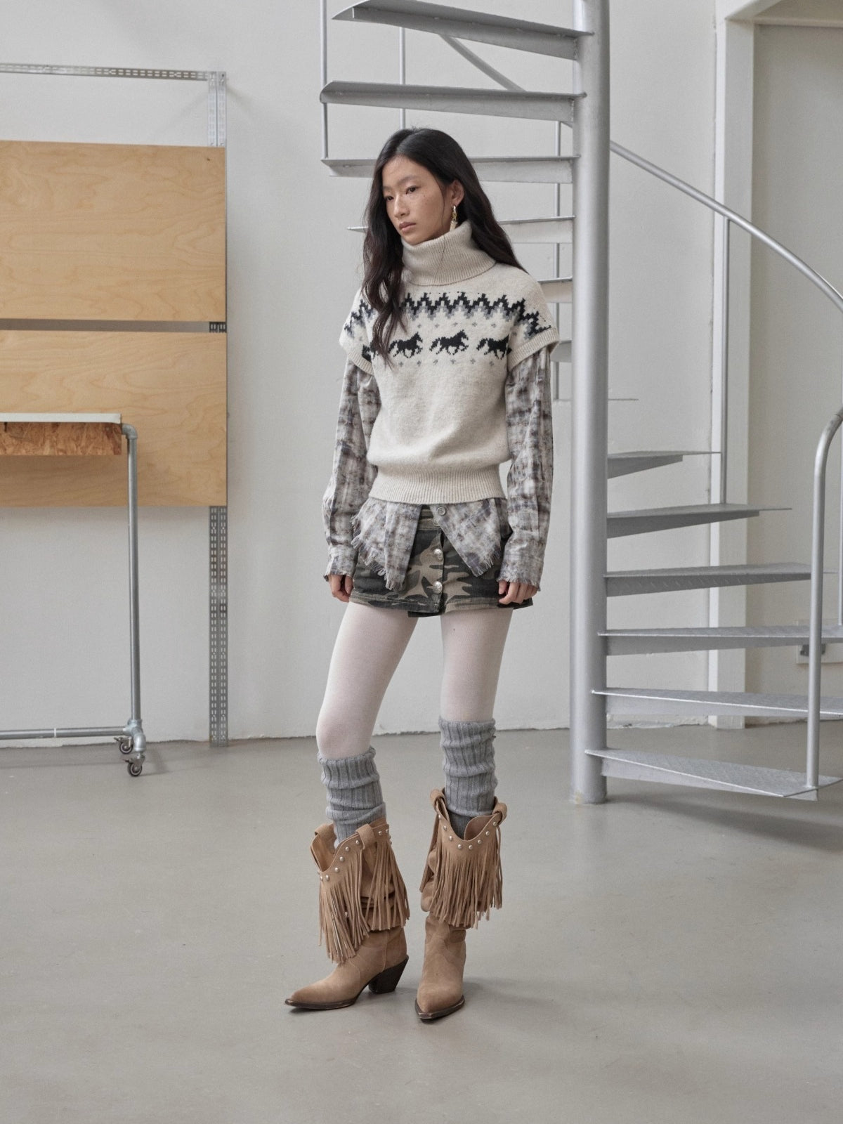 Fair Isle Pony Jacquard Turtleneck Knit Sweater